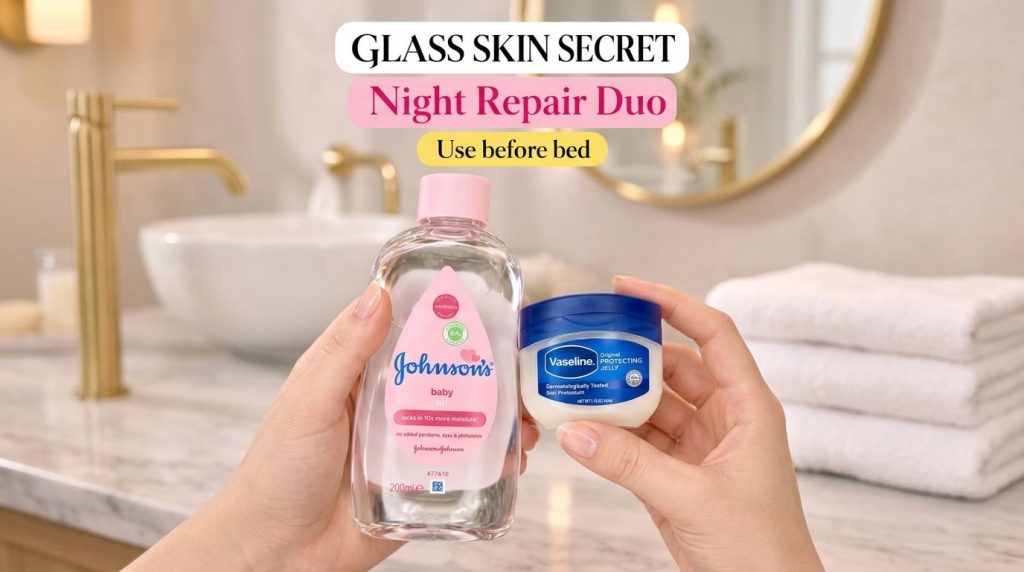 Two hands holding a jar of Vaseline Original Protecting Jelly and a bottle of Johnson s Baby Oil with a soft warm backgr
