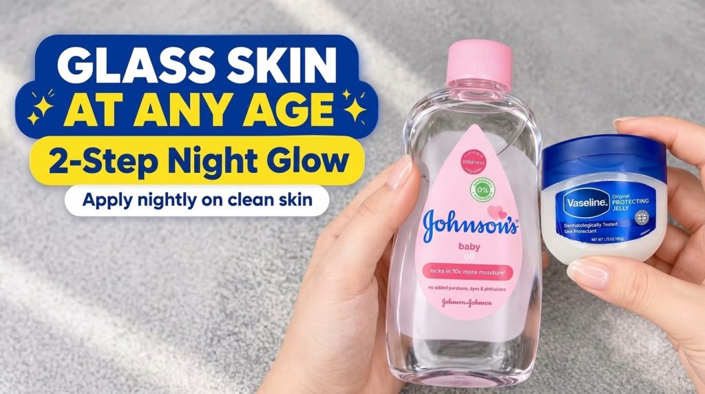 Two hands holding a bottle of Johnson s baby oil and a jar of Vaseline Original Protecting Jelly against a grey backgrou
