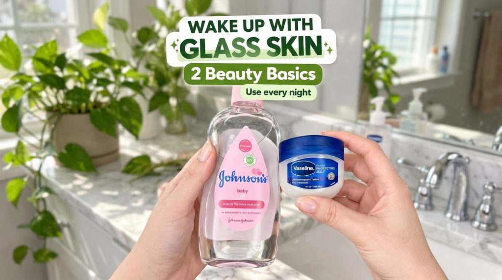 Two hands holding a bottle of Johnson s baby oil and a small tub of Vaseline Original Protecting Jelly with green foliag