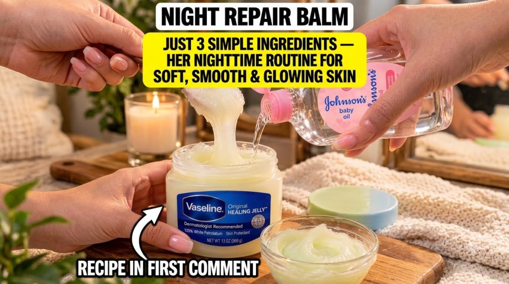 Hands mixing Vaseline and Johnson s baby oil in a bowl with a wooden spoon creating a DIY night balm A small jar of Cent