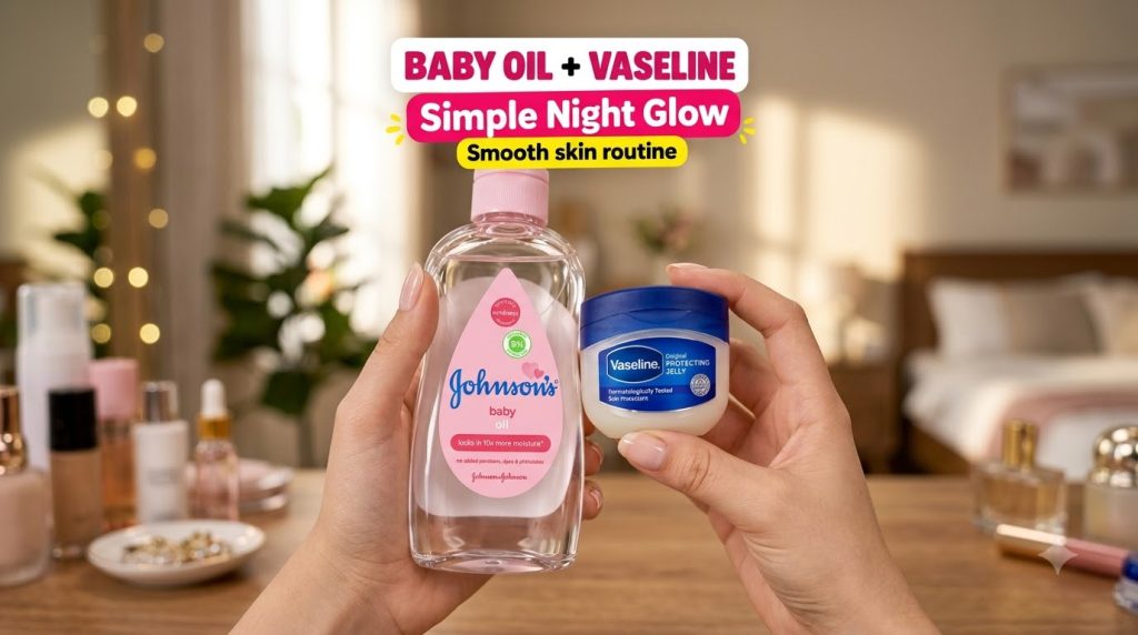 Two hands holding bottles of Johnson s Baby Oil and Vaseline Protecting Jelly against a soft blurred background with tex