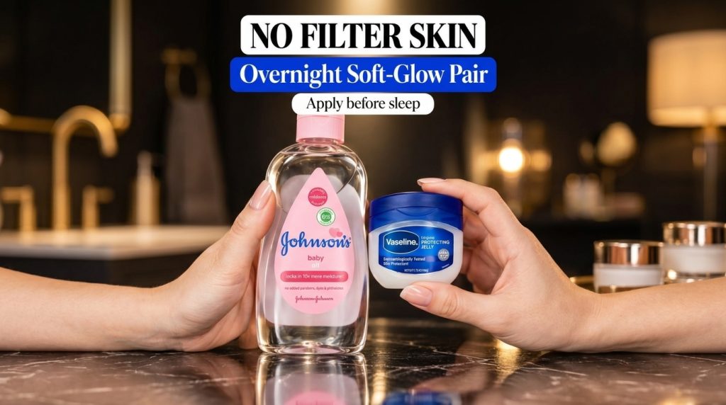 Two skincare products Johnson s baby oil and Vaseline Original Protecting Jelly held by hands against a dark softly lit 