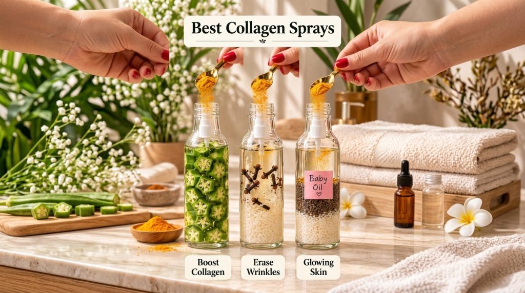 Hands pouring yellow powder into glass bottles filled with natural ingredients like okra cloves and chia seeds set again