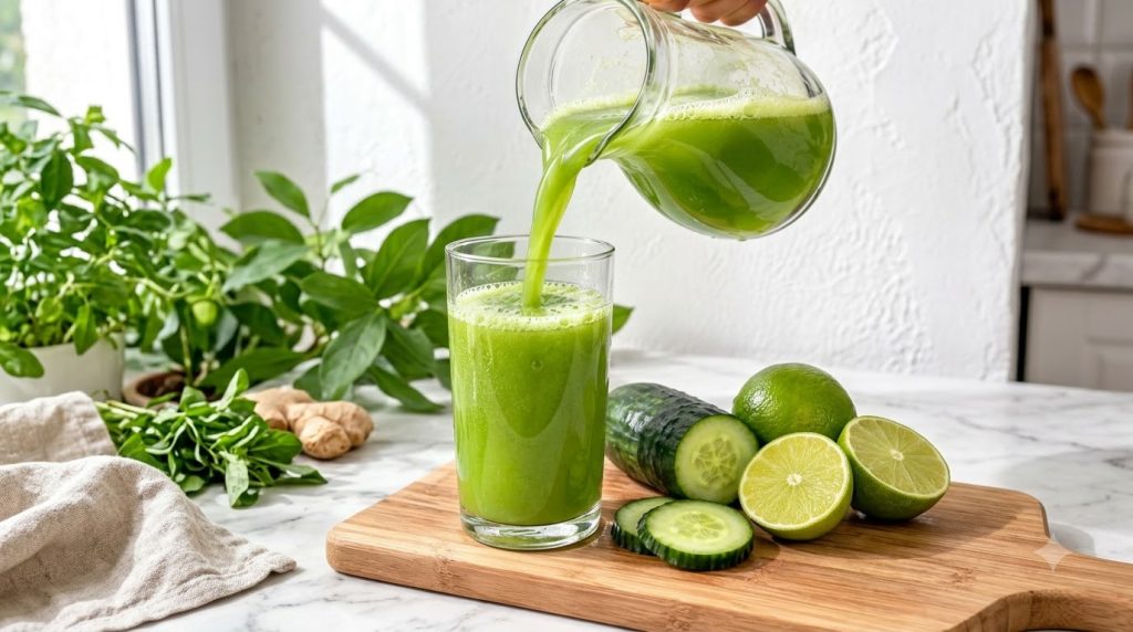A light green liquid being poured from a clear glass pitcher into a tall clear drinking glass On a light wooden cutting 