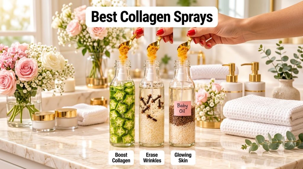 Three clear glass spray bottles on a countertop each filled with layered natural ingredients with three hands holding go