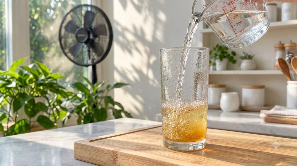 A hand pouring water from a glass measuring cup into a clear glass containing a small amount of yellowish liquid on a wo