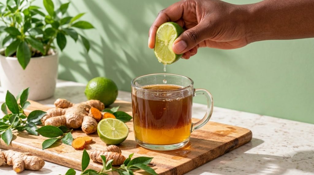 A close-up shot of a dark-skinned hand squeezing a fresh lime half into a clear glass mug containing a yellow-brown well