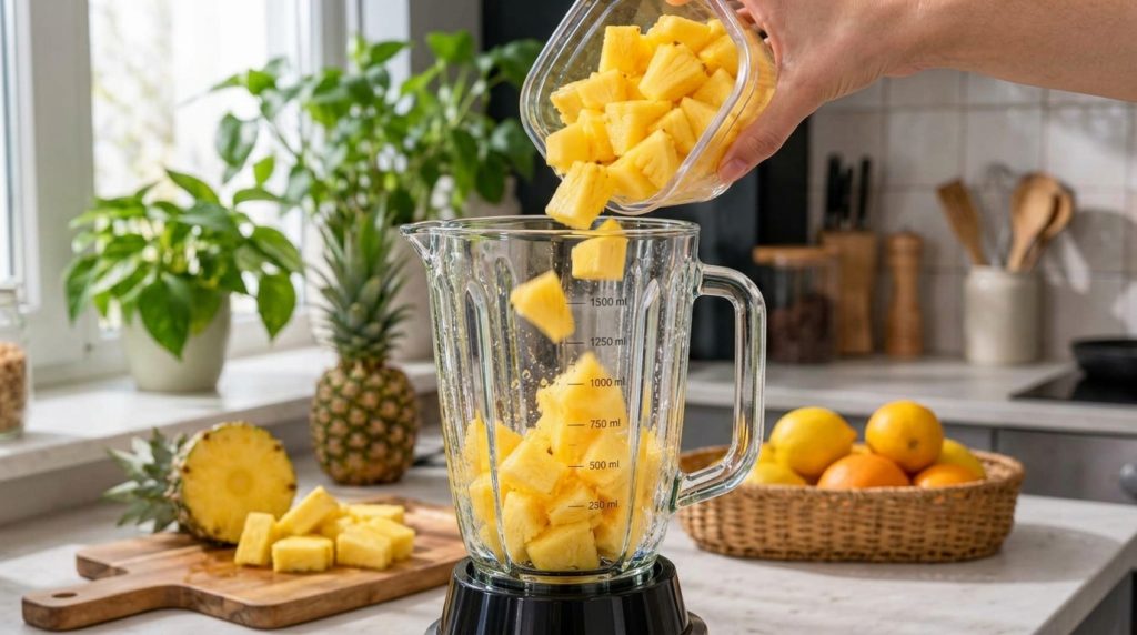 Close-up of a hand pouring chopped pineapple into a blender pitcher on a light countertop
