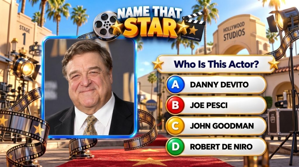 A mobile quiz game interface featuring a headshot of John Goodman smiling The background is a vibrant stylized Hollywood
