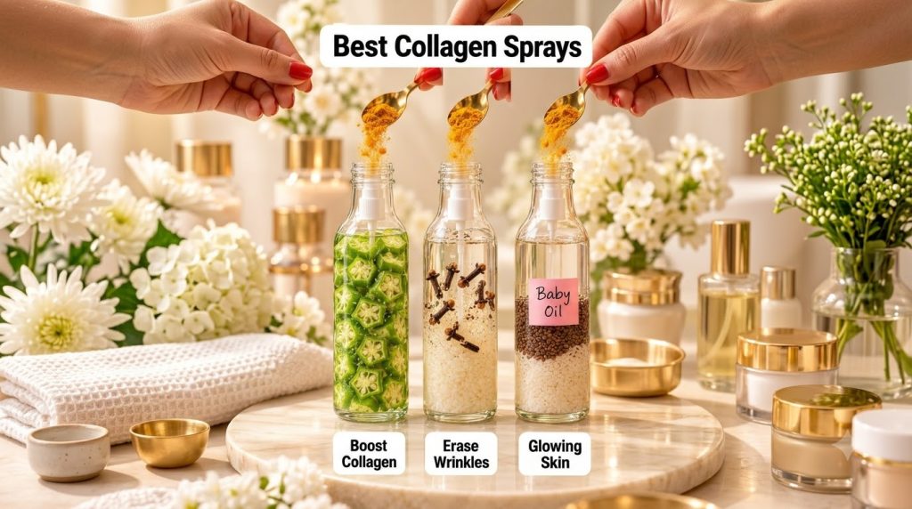 Three clear glass spray bottles filled with natural ingredients like sliced okra cloves and seeds layered over white gra