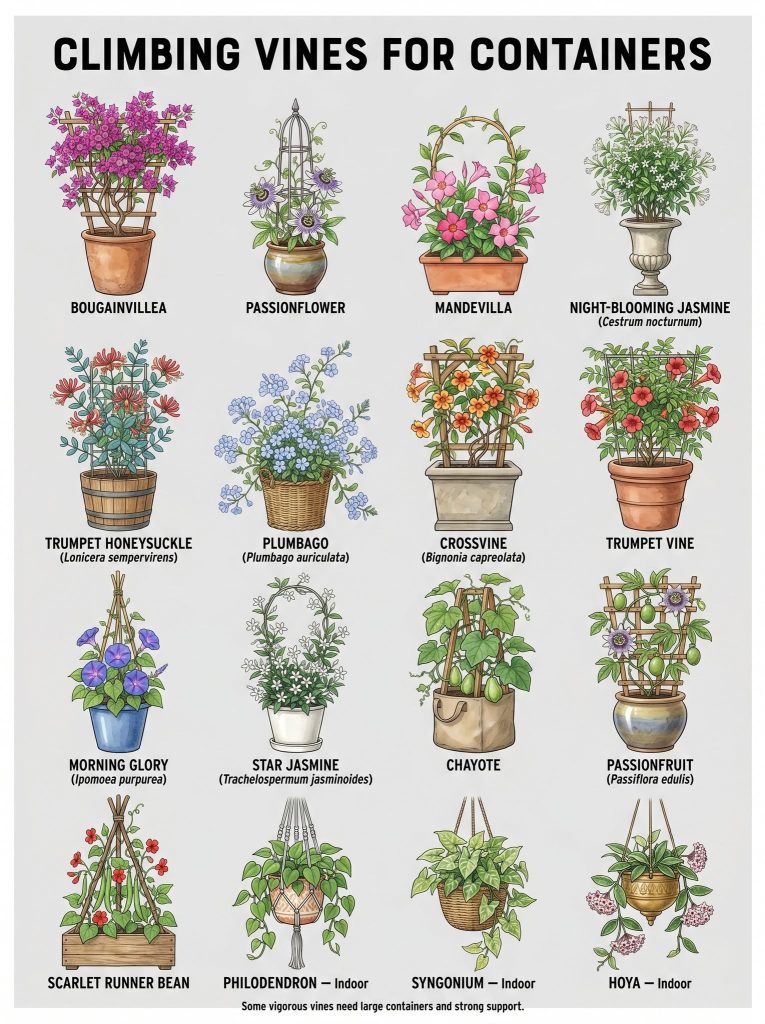 A grid of 16 different climbing plants each in a container with a support structure like a trellis or pole Plants includ