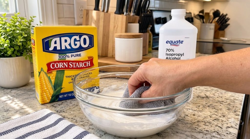 A hand gently scrubbing a white creamy mixture in a clear glass bowl with a grey microfiber cloth In the background out 