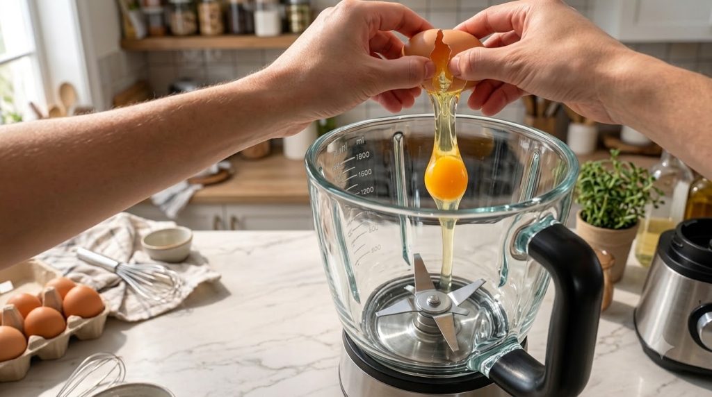 Hands cracking a brown egg with the yolk and white falling into a clear glass blender jar The blender s metal blades and