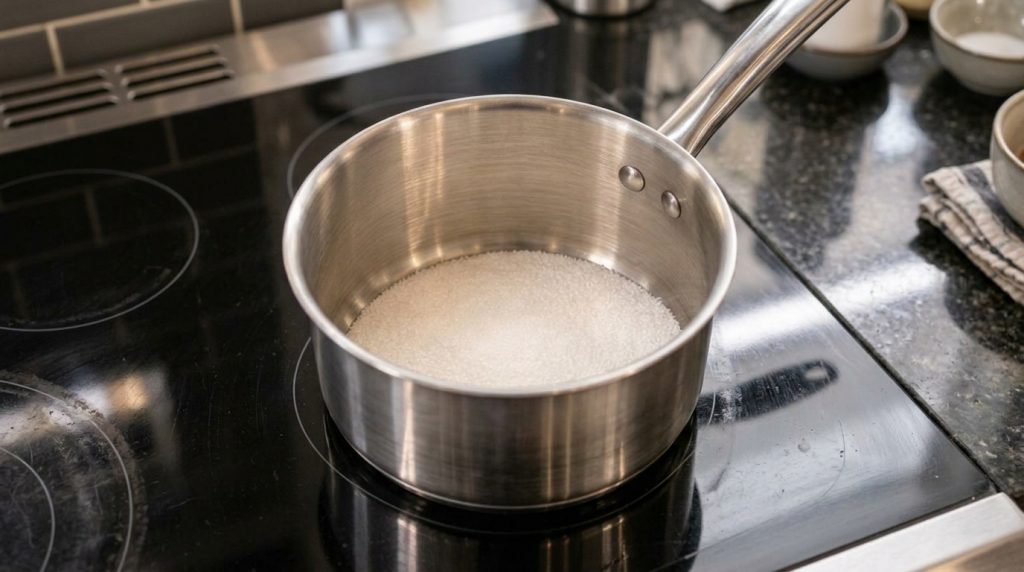 A close-up shot of a rich golden-brown caramel sauce being poured from a saucepan showing its silky smooth texture and i