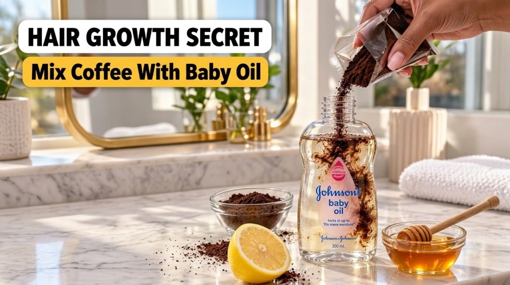 A hand pouring coffee grounds into a bottle of Johnson s baby oil surrounded by a bowl of coffee grounds a cut lemon and