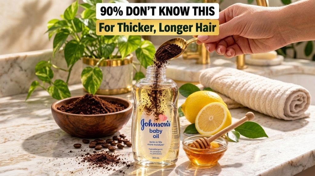 A bottle of Johnson s Baby Oil with coffee grounds being spooned into it surrounded by a bowl of ground coffee scattered