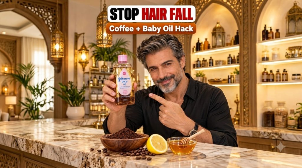 A smiling man holding a bottle of Johnson s Baby Oil with coffee grounds inside pointing to it Bowls of coffee grounds l