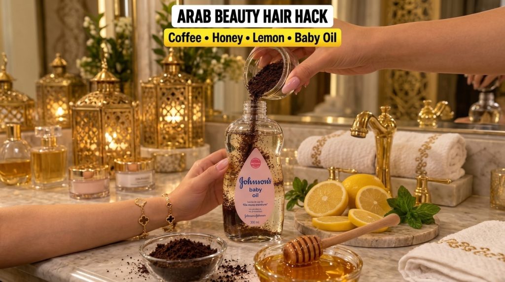 Hands pouring ground coffee into a bottle of Johnson s baby oil with honey and sliced lemon on a marble counter in a war