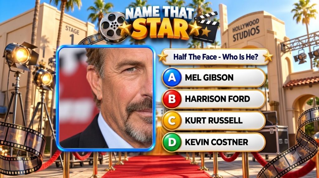 A game interface titled Name That Star showing a close-up of Kevin Costner s partial face as a quiz challenge with Holly