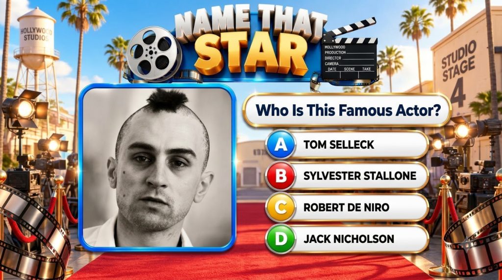 A Name That Star quiz interface with a black and white portrait of a young Robert De Niro with a mohawk The background d