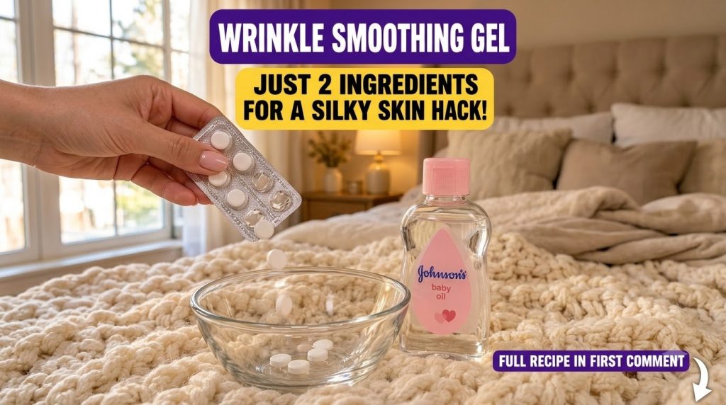 A hand dropping white aspirin pills into a clear glass bowl next to a bottle of baby oil all on a cream-colored knit bla