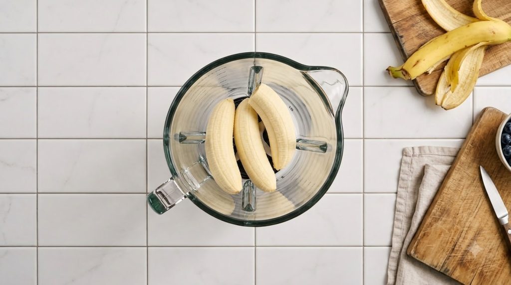 Three peeled bananas laid inside a clear glass blender jug viewed from directly above on a clean white tiled surface