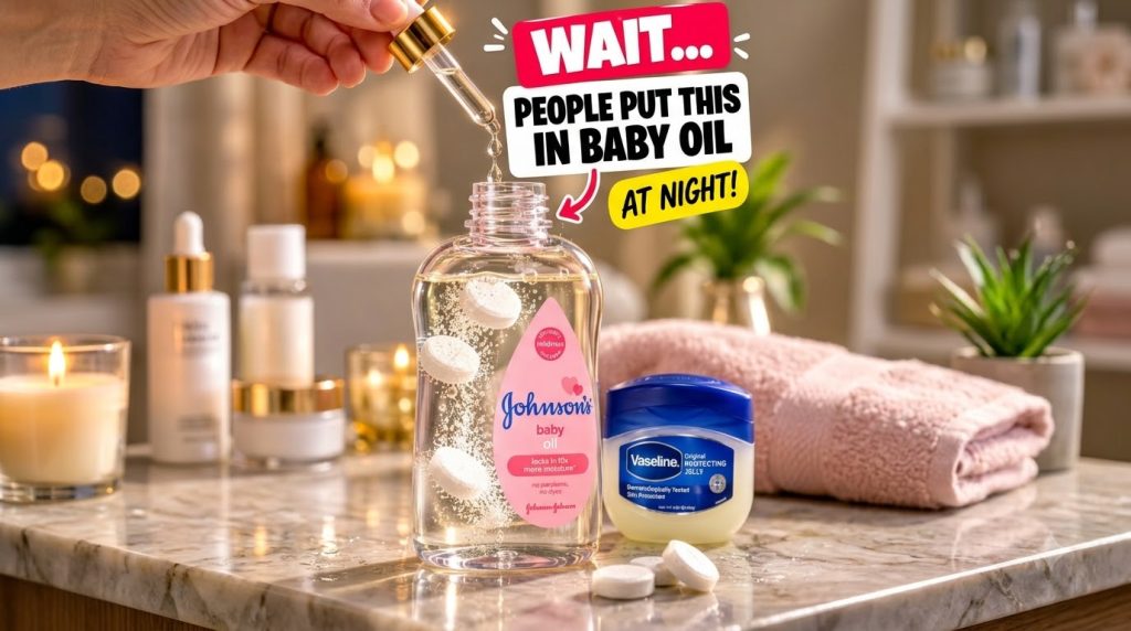 A bottle of Johnson s baby oil with white tablets dissolving inside a dropper dripping liquid a jar of Vaseline and scat