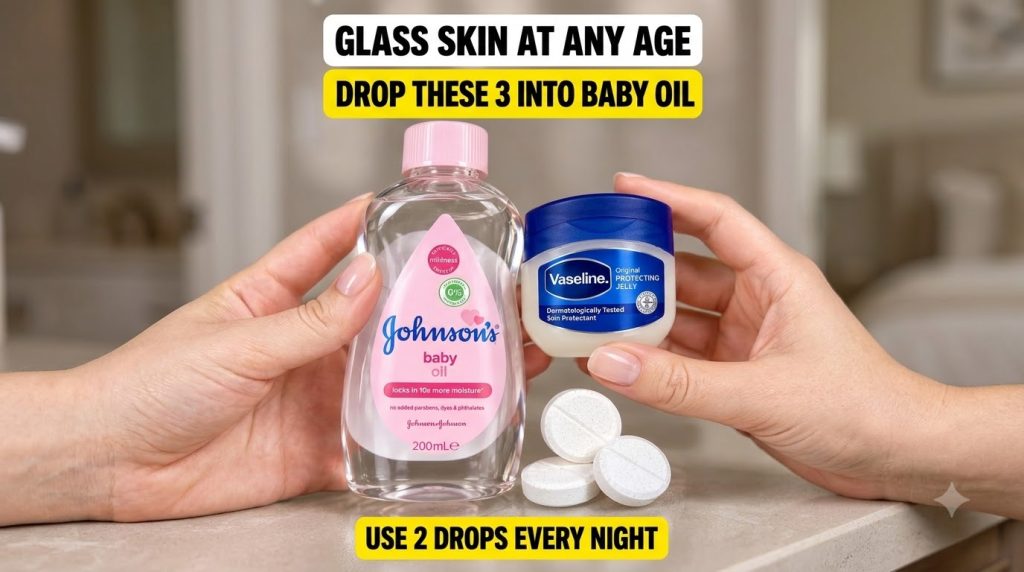 Close-up of Johnson s Baby Oil Vaseline Original Protecting Jelly and three white round tablets arranged on a surface Ha