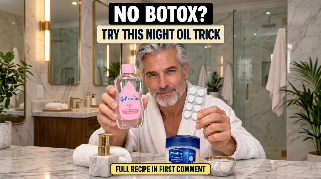 A smiling middle-aged man with grey hair and a beard wearing a white bathrobe holding up a bottle of Johnson s Baby Oil 