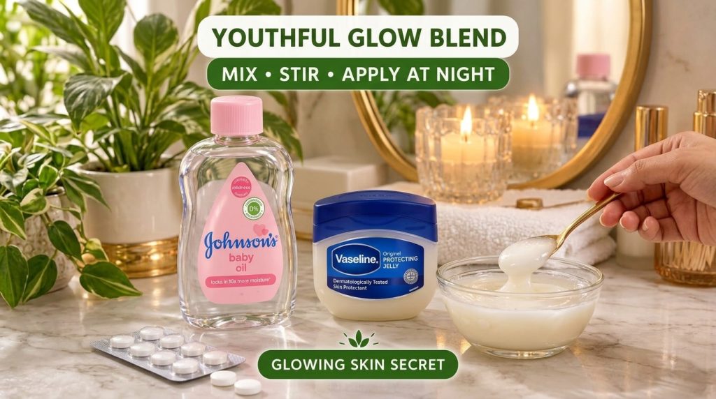 A DIY skincare preparation featuring Johnson s baby oil white tablets and a dropper bottle of rose oil being mixed in a 