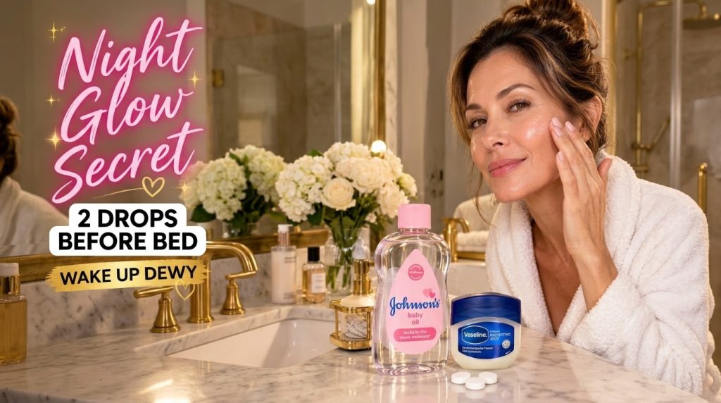 A woman in a white bathrobe applies a dewy skincare product to her cheek with Johnson s baby oil Vaseline and white tabl