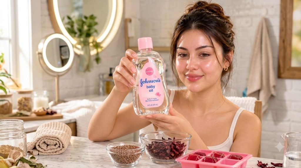 A woman holding a bottle of Johnson s Baby Oil looking at bowls of dried hibiscus and seeds on a marble counter Her face