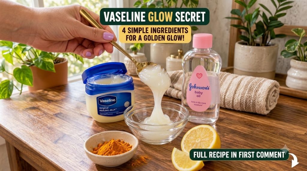 A hand scooping Vaseline into a bowl surrounded by Johnson s baby oil turmeric powder and lemon slices on a wooden surfa
