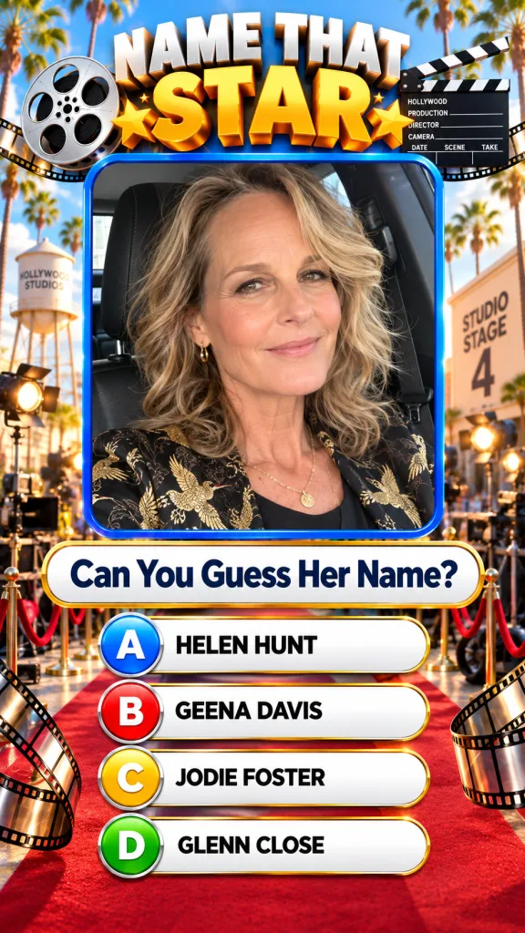 A mobile game-style graphic for Name That Star featuring a portrait of actress Helen Hunt in the center The background s