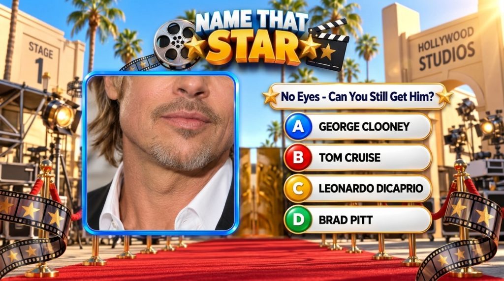 A quiz game interface showing a close-up of a male celebrity s lower face with beard and mouth against a backdrop of Hol