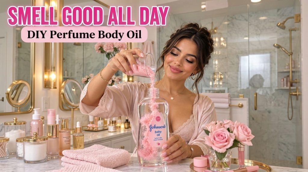A woman in a pink robe is pouring fine pink powder from a small glass bowl into a clear bottle of baby oil Her hands are