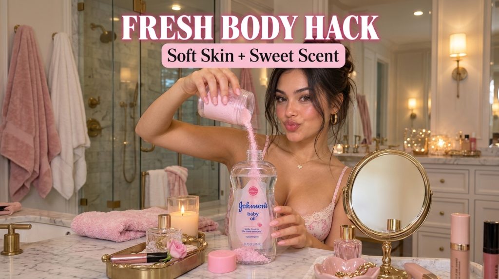 A woman pouring pink powder from a clear container into a bottle of Johnson s Baby Oil on a marble bathroom counter with