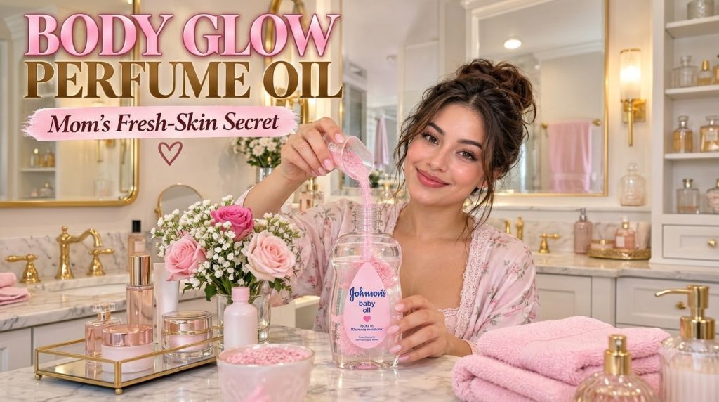 A smiling woman in a pink floral robe pouring pink sparkling particles from a measuring cup into a bottle of Johnson s b