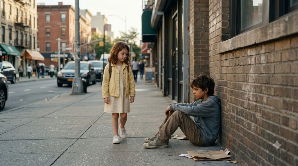 Two young children on a city sidewalk A girl with reddish-brown hair in a light dress and yellow jacket stands looking d
