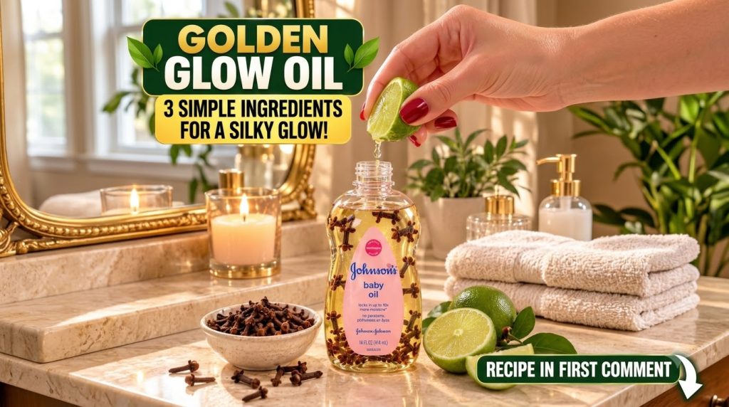 A close-up of a Johnson s baby oil bottle filled with cloves with a hand squeezing lime drops into it Surrounding elemen
