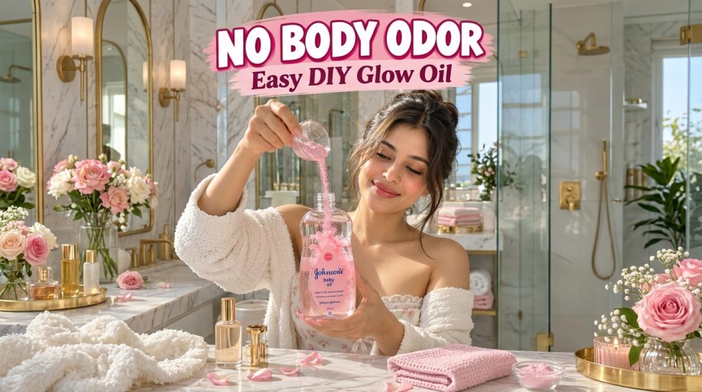 A smiling woman in a bright bathroom setting pouring pink sparkling powder into a bottle of Johnson s baby oil