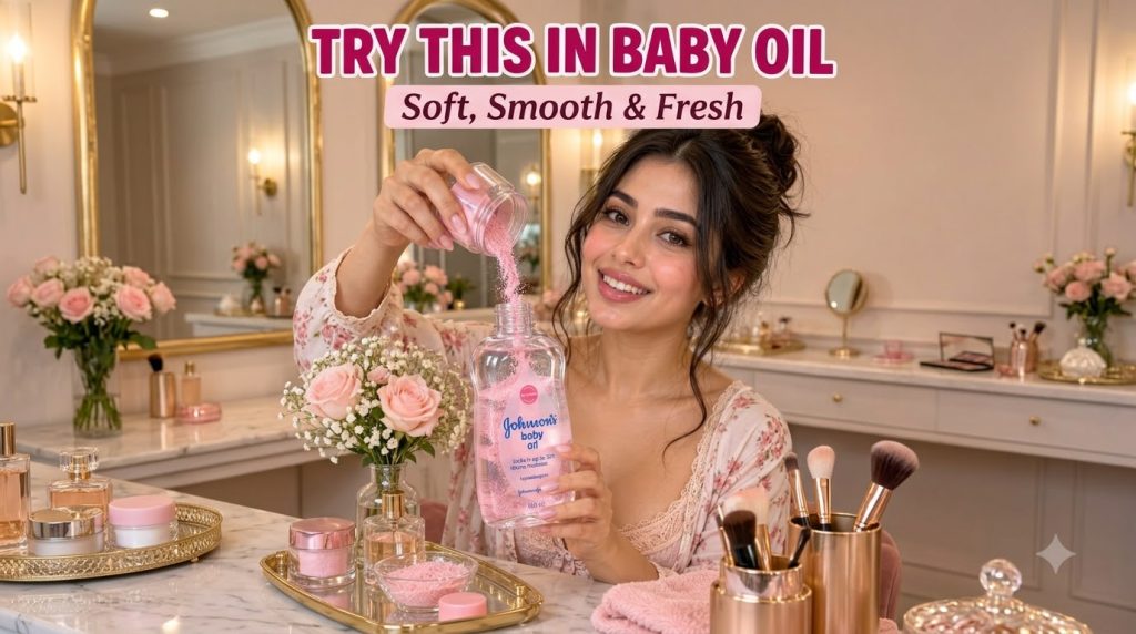 A smiling woman in a floral robe is holding a bottle of Johnson s Baby Oil and pouring a stream of pink granular product