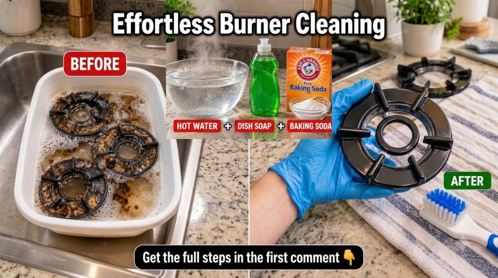 Three heavily soiled stove burners soaking in a basin of murky soapy water with cleaning supplies in the background
