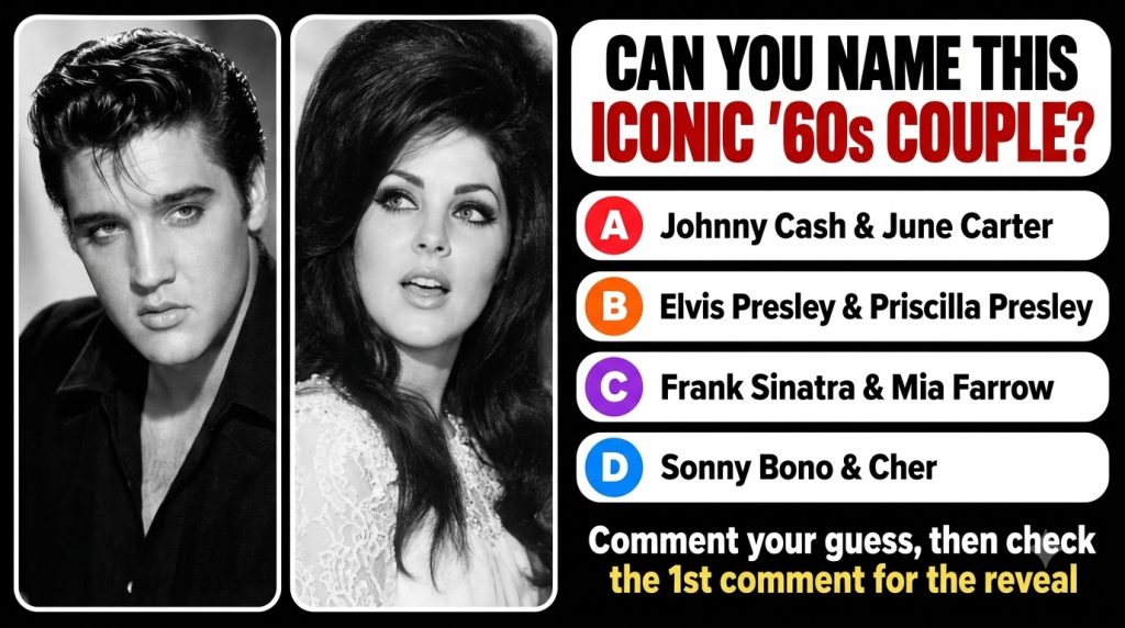 Black and white portraits of young Elvis Presley and Priscilla Presley styled for a quiz card
