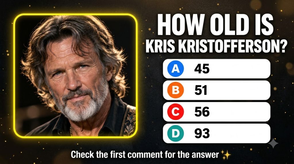 A quiz card featuring four celebrity portraits in a 2x2 grid with Kris Kristofferson in the top-left position The quiz a