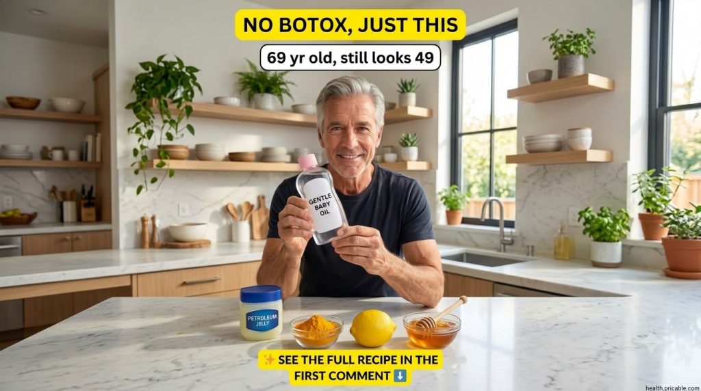 A smiling man holding a bottle of baby oil with a jar of Vaseline a bowl of turmeric a lemon and honey on a countertop r