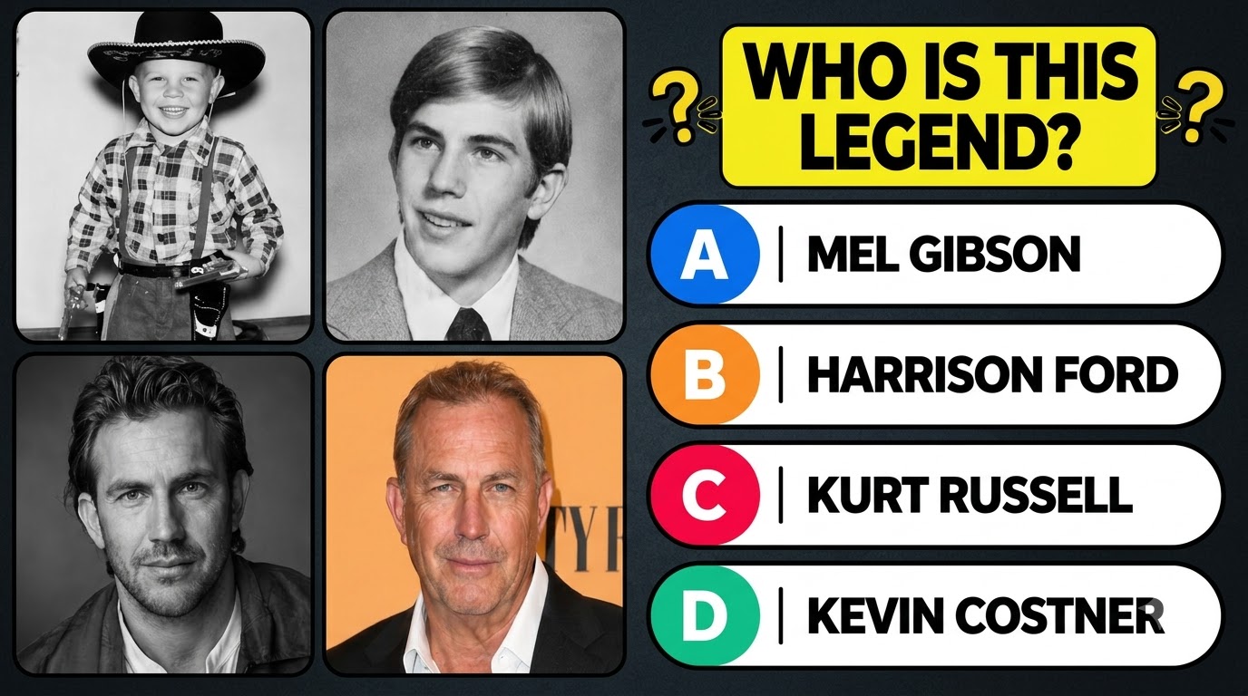Four portraits of Kevin Costner at different life stages as a young boy in cowboy attire a teenager a young adult and a 