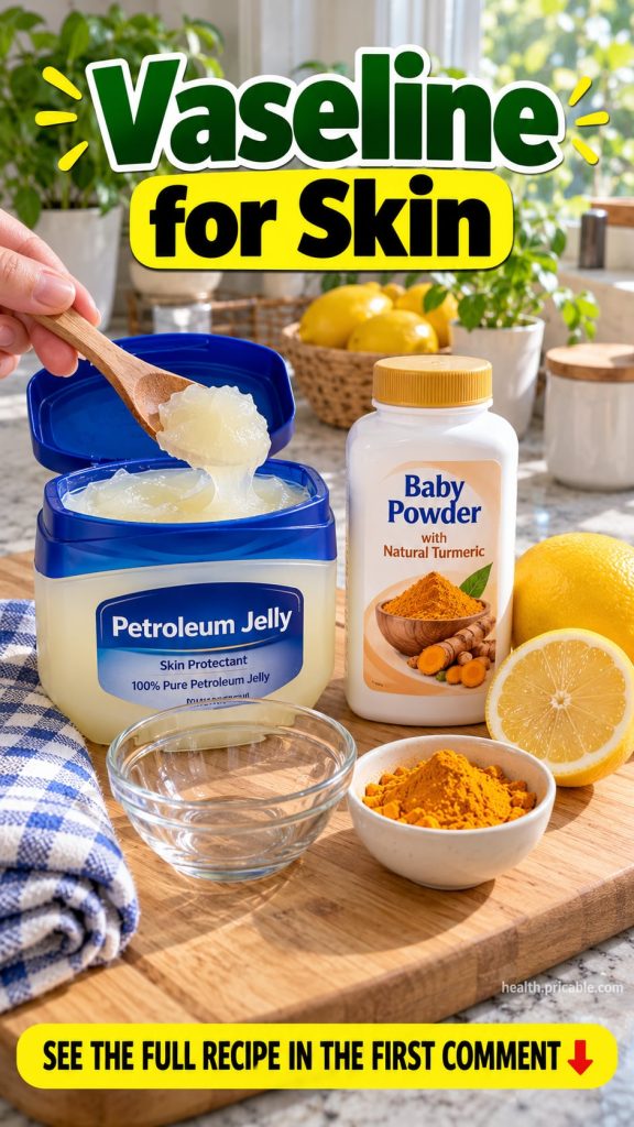 Ingredients for a Vaseline turmeric lemon mask arranged on a wooden board featuring an open jar of Vaseline a bowl of tu