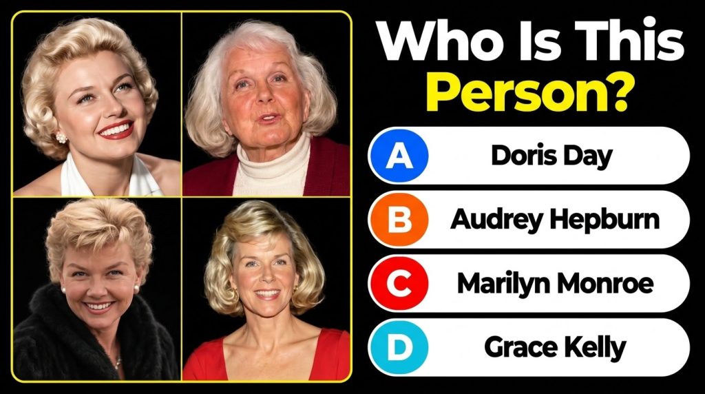A four-panel grid of close-up headshots of Doris Day at different stages of her career against a dark background with th