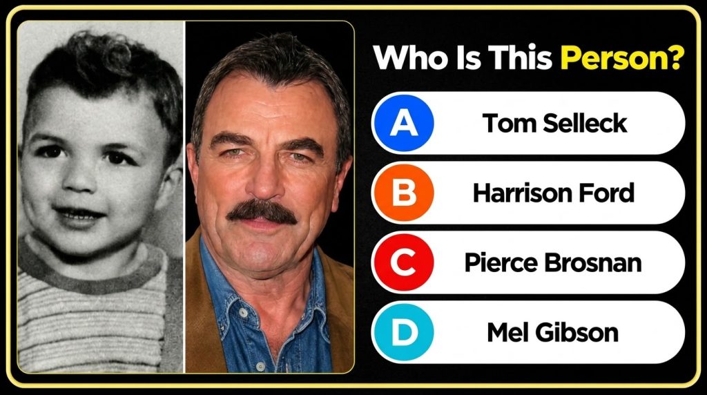 A split-screen celebrity identification quiz On the left a black and white photo of a smiling young boy On the right a c